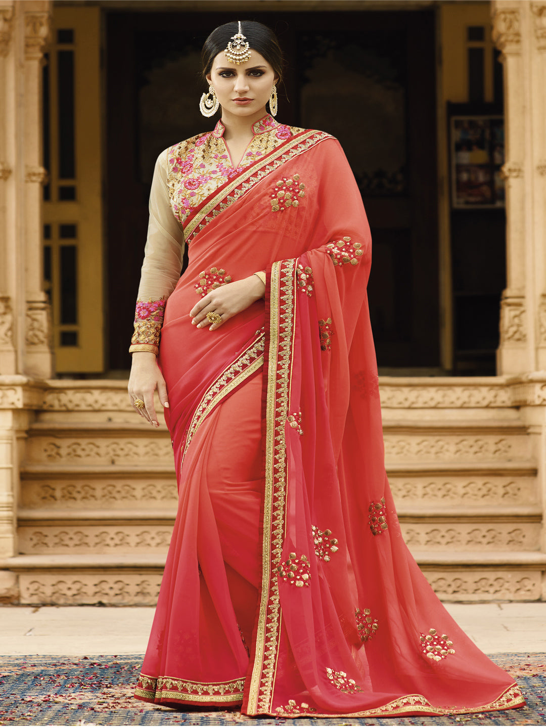 Embroidered Border Georgette Saree in Red color-82075