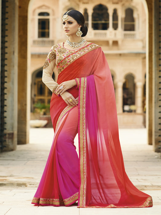 Embroidered Border Georgette Saree in Red color-82076