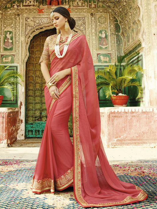 Embroidered Border Chiffon Saree in Pink color-82078