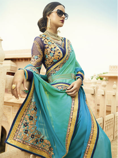 Embroidered Border Chiffon Saree in Sky Blue color-82079