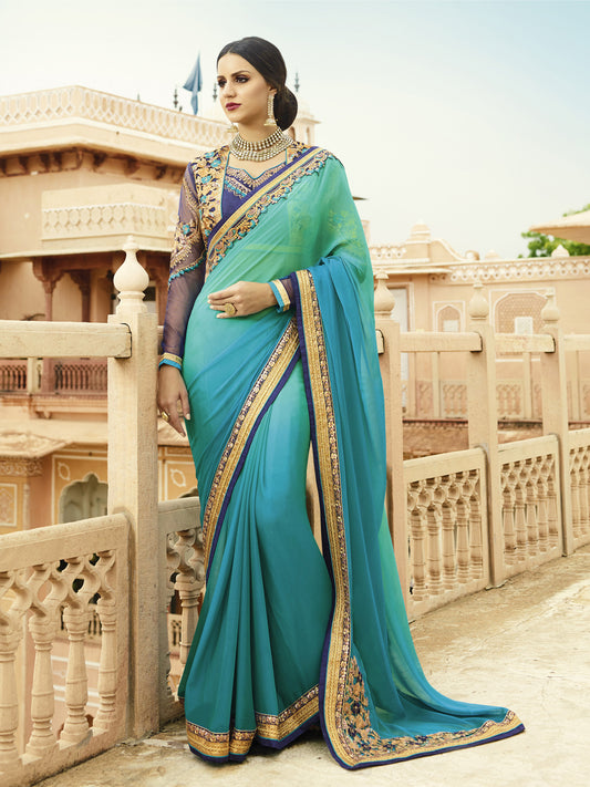 Embroidered Border Chiffon Saree in Sky Blue color-82079