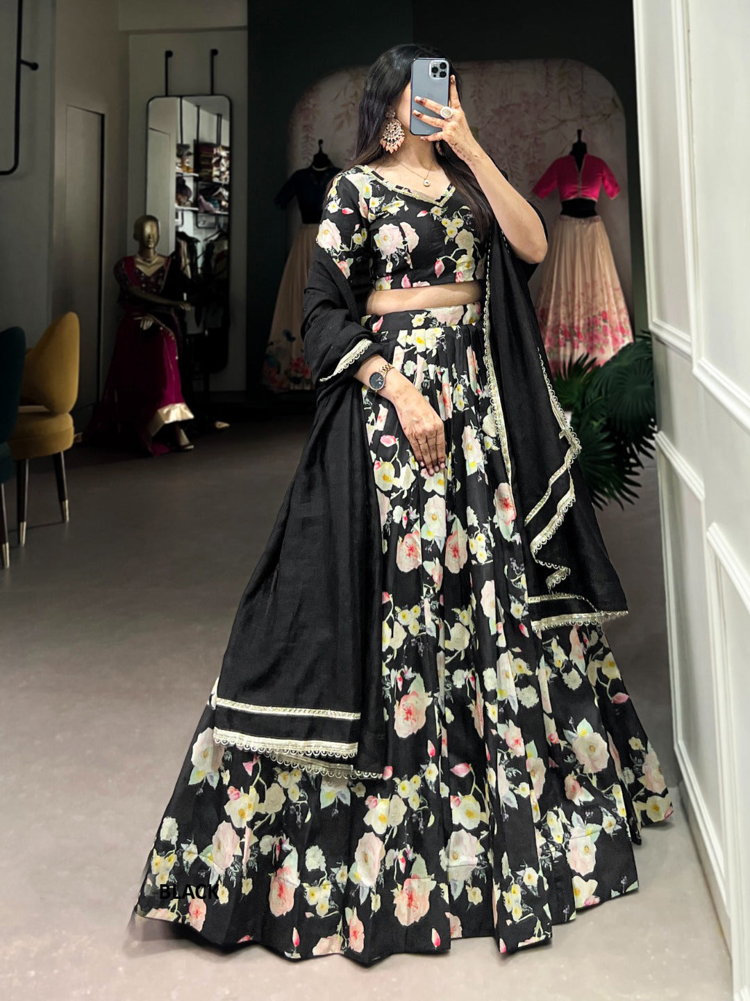 Tussar Silk Floral Printed Semi-Stitched Lehenga Choli In Black color -91075