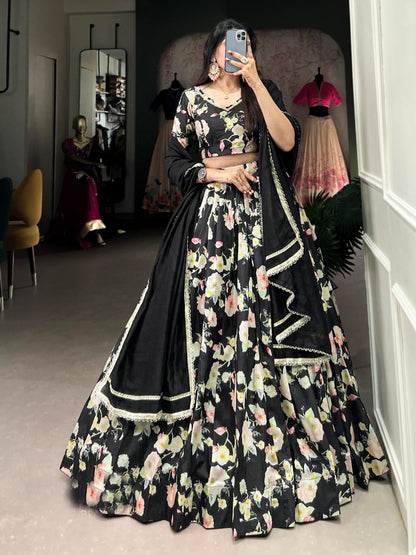 Tussar Silk Floral Printed Semi-Stitched Lehenga Choli In Black color -91075