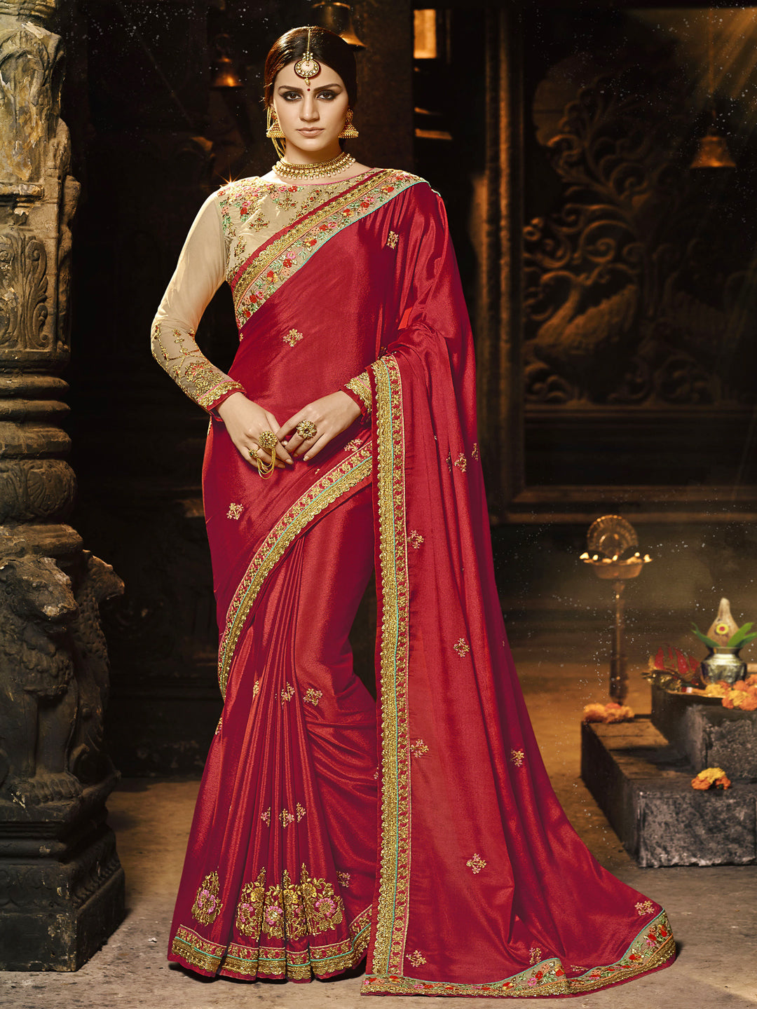 Embroidered Border Chinon Silk Saree in Mroon color-82081