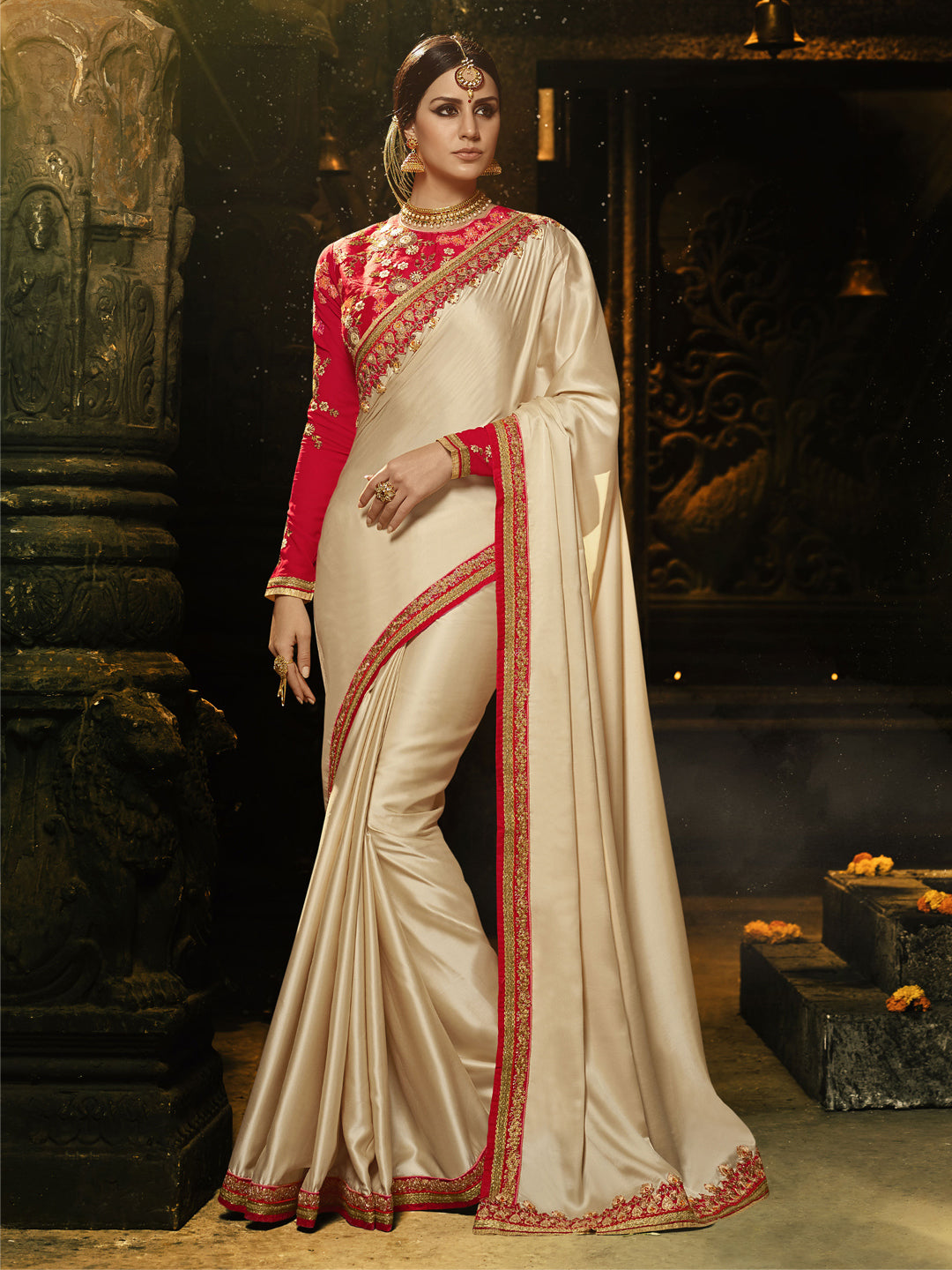 Embroidered Border Burfi Silk Saree in Creem color-82082