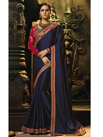 Embroidered Border Silk Saree in Blue color-82084