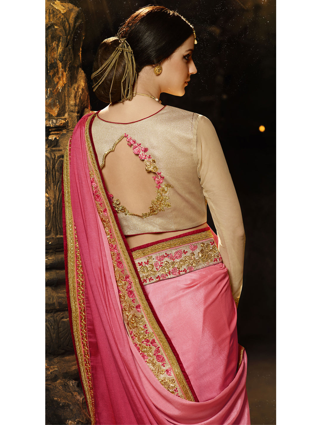 Embroidered Border Chinon Silk Saree in Pink color-82085