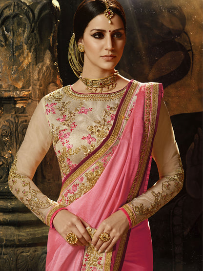 Embroidered Border Chinon Silk Saree in Pink color-82085