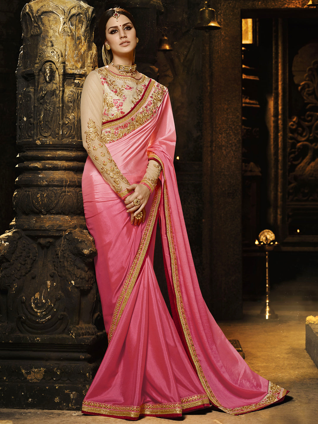 Embroidered Border Chinon Silk Saree in Pink color-82085