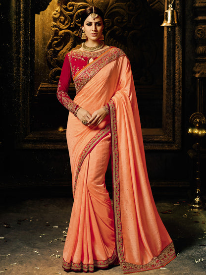 Embroidered Border Silk Saree in Orange color-82086