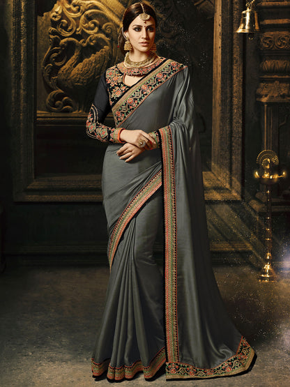 Embroidered Border Silk Saree in Grey color-82087