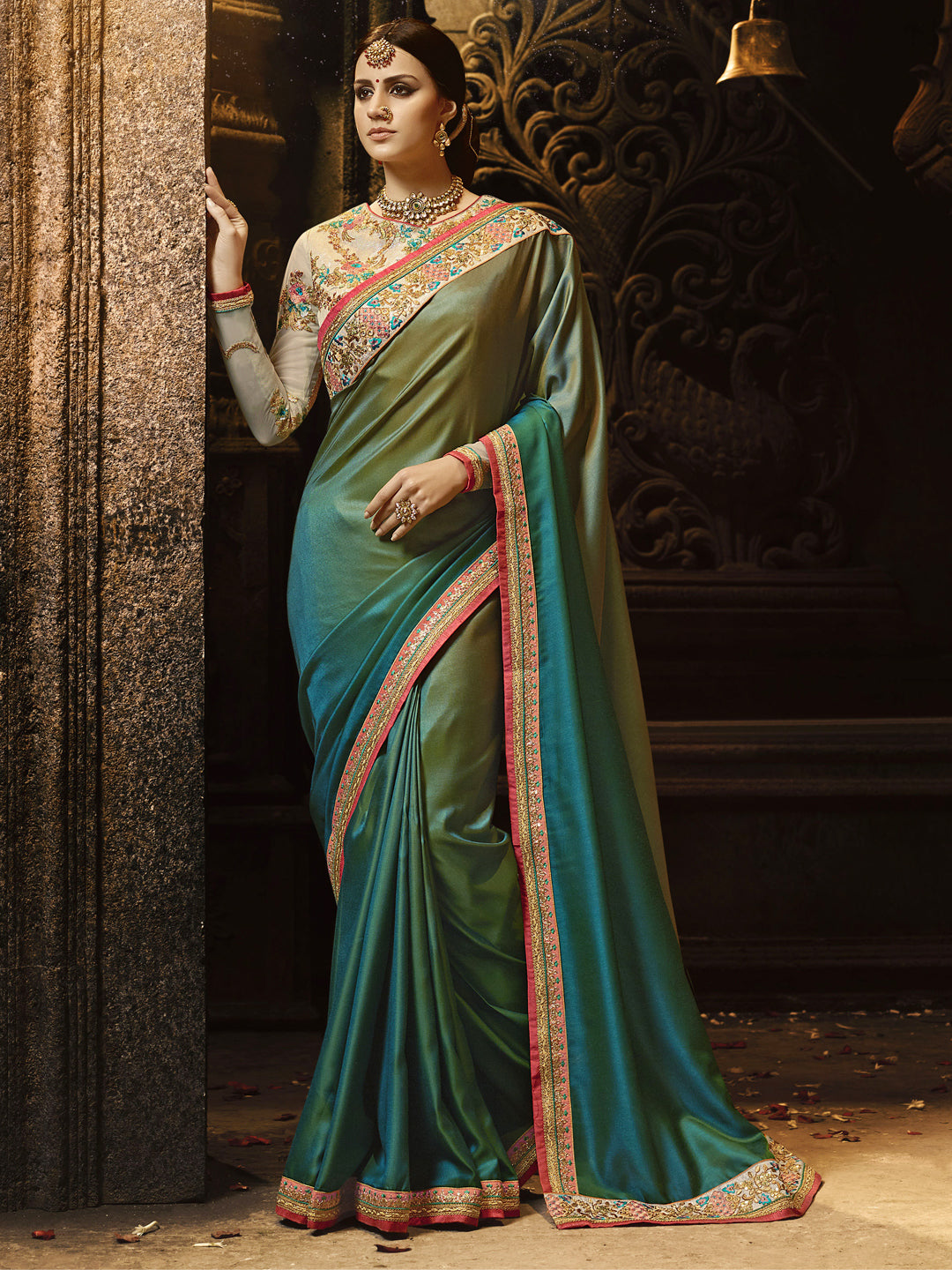 Embroidered Border Silk Saree in Green color-82088