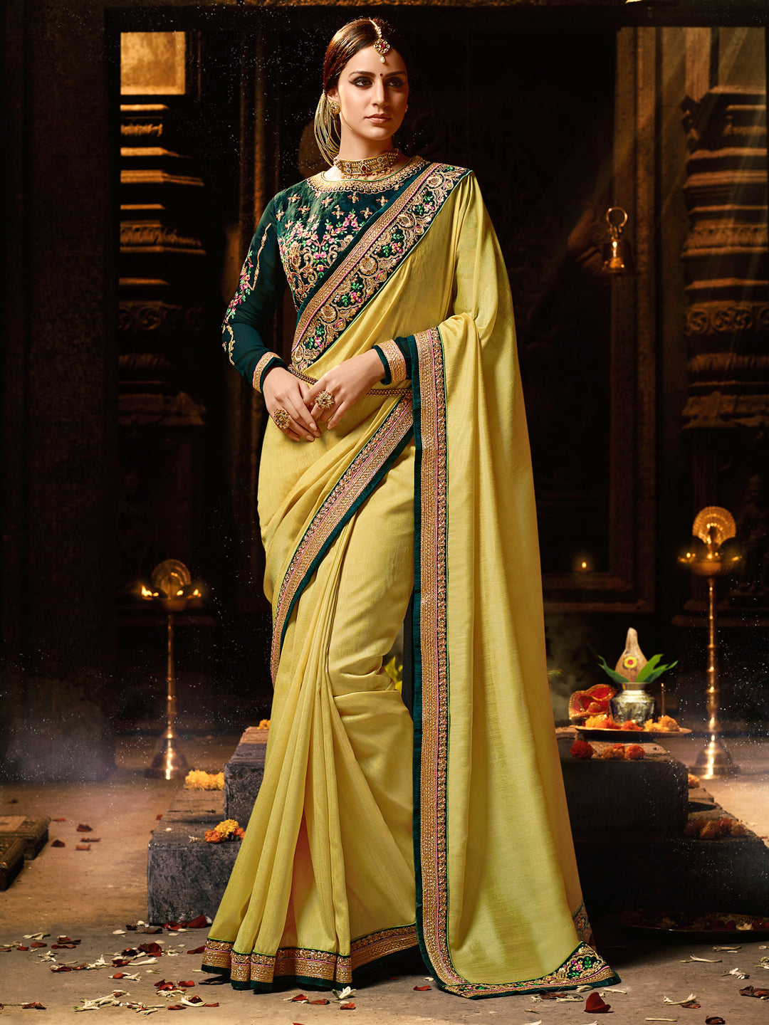 Embroidered Border Silk Saree in Yellow color-82089