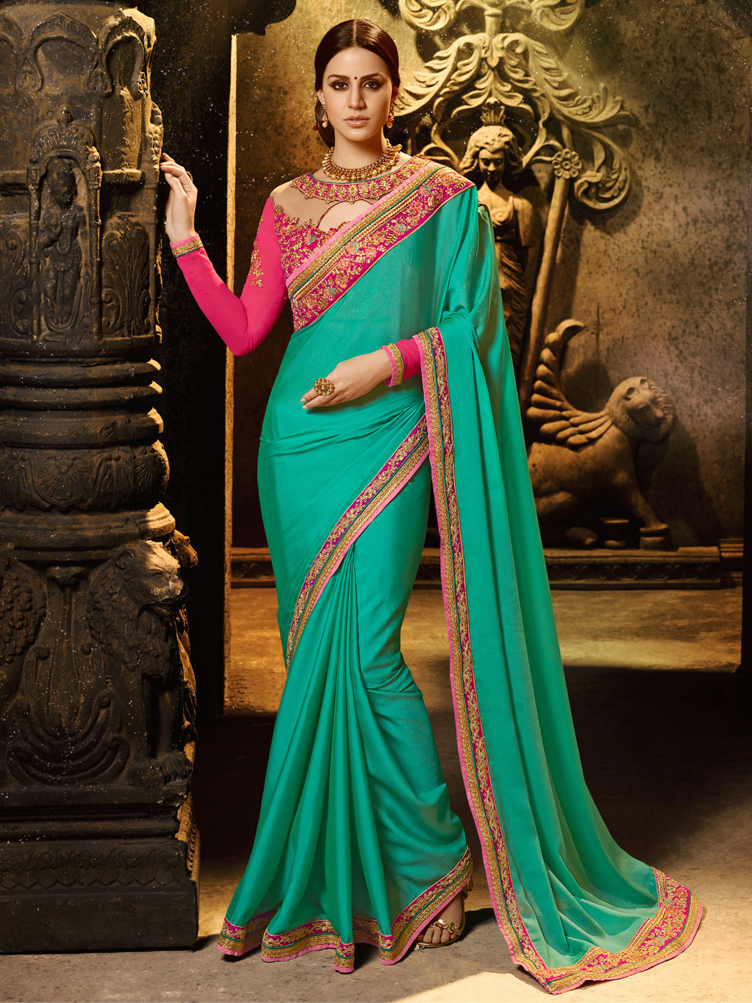 Embroidered Border Pure Silk Saree in Green color-82090