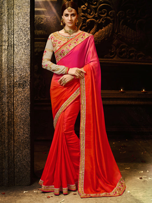 Embroidered Border Silk Saree in Orange Pink color-82091