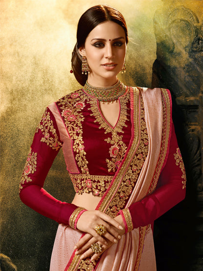 Embroidered Border Silk Saree in Peach color-82092