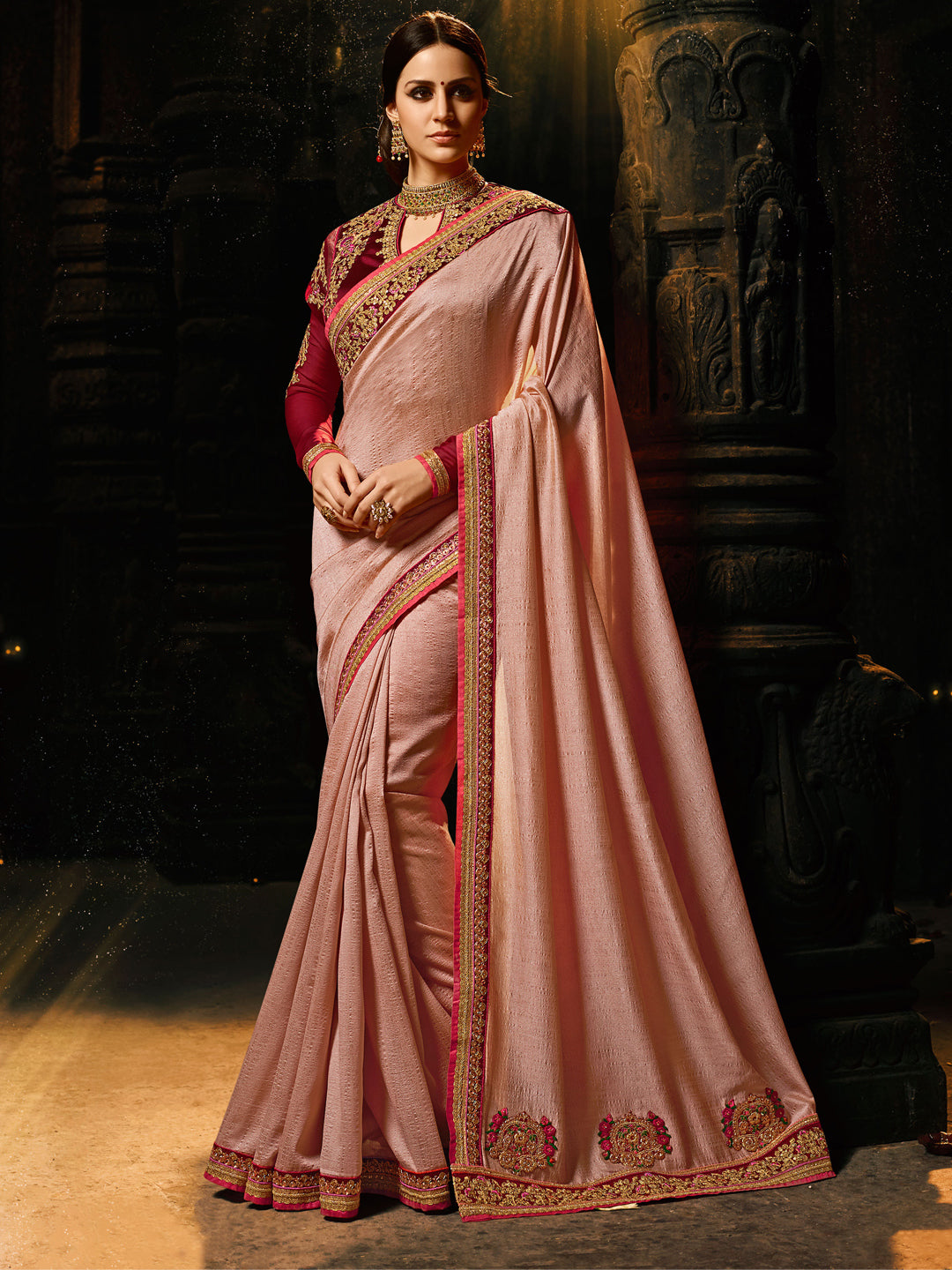 Embroidered Border Silk Saree in Peach color-82092