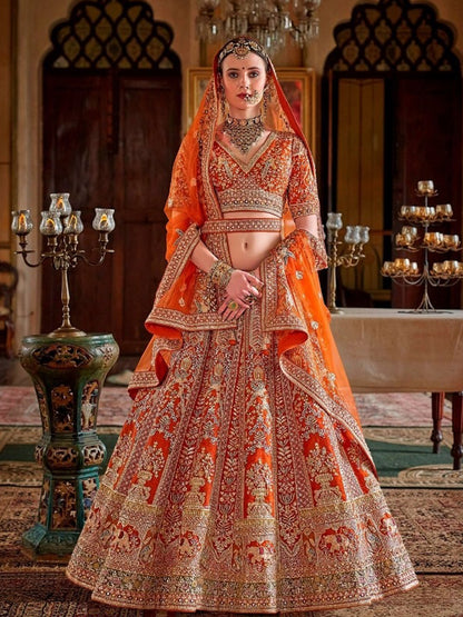 Silk Traditional Wedding Reception Bridal Lehenga In Orange color-41099
