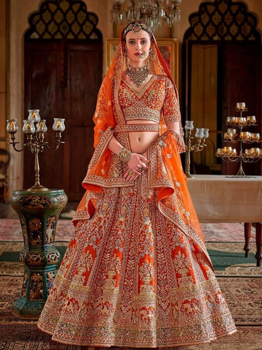 Silk Traditional Wedding Reception Bridal Lehenga In Orange color-41099