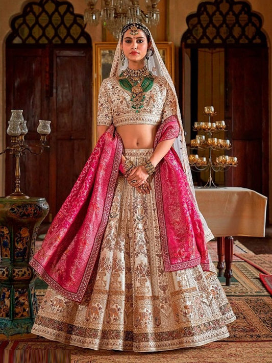 Silk Traditional Wedding Reception Bridal Lehenga In White and Pink color-41100