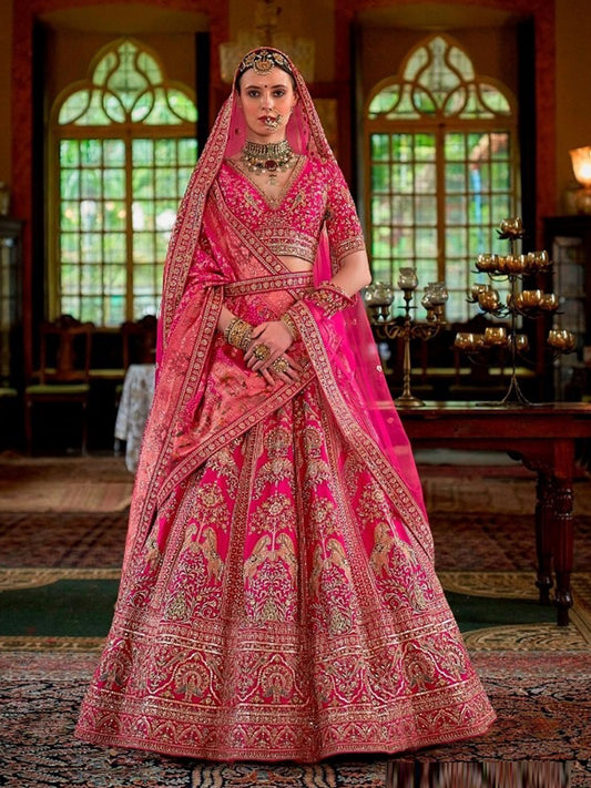 Silk Traditional Wedding Reception Bridal Lehenga In White and Pink color-41101