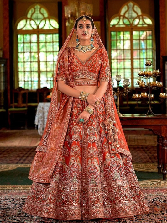 Silk Traditional Wedding Reception Bridal Lehenga In Orange color-41102