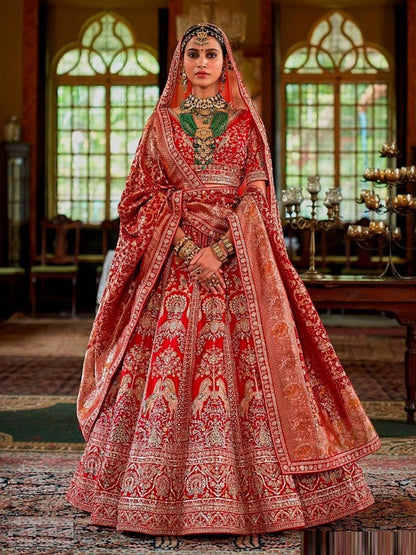 Silk Traditional Wedding Reception Bridal Lehenga In Orange color-41103