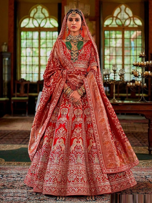 Silk Traditional Wedding Reception Bridal Lehenga In Orange color-41103