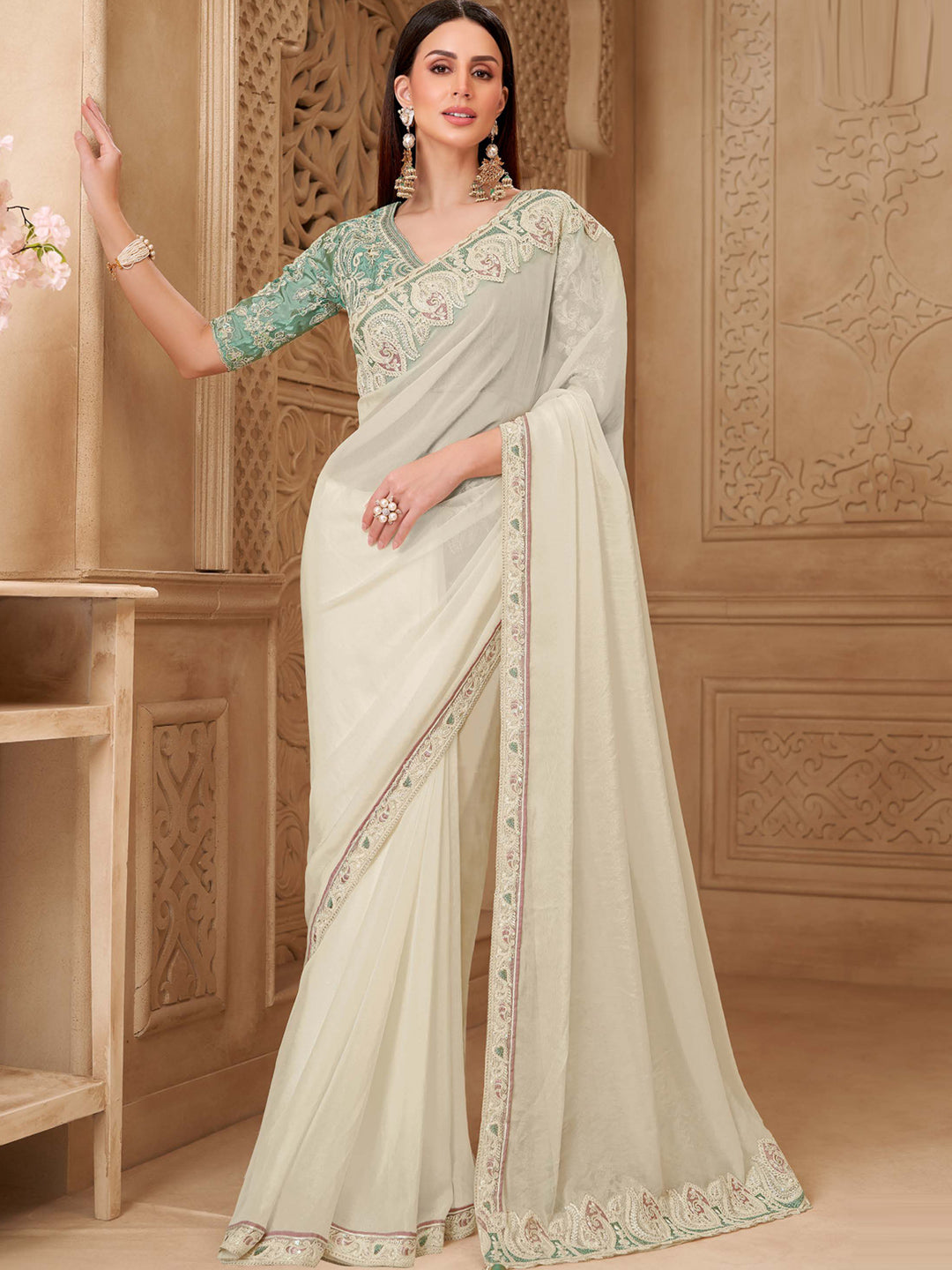 Powder White Georgette Silk with Embroidered Saree-32011