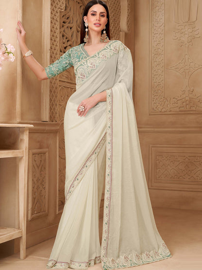 Powder White Georgette Silk with Embroidered Saree-32011