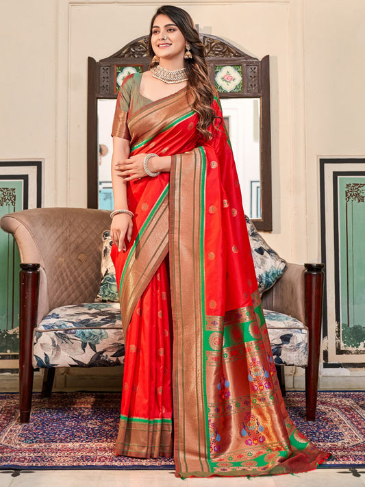 Embroidered Paithani Silk Traditional Partywear Saree In Red Color-81770