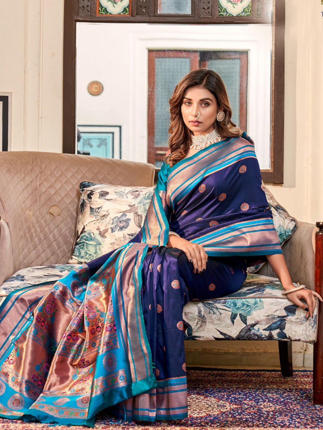 Embroidered Paithani Silk Traditional Partywear Saree In Blue Color-81771