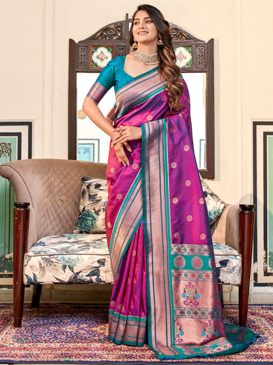Embroidered Paithani Silk Traditional Partywear Saree In Pink Color-81772