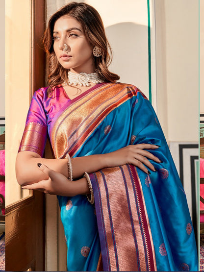 Embroidered Paithani Silk Traditional Partywear Saree In Blue Color-81773