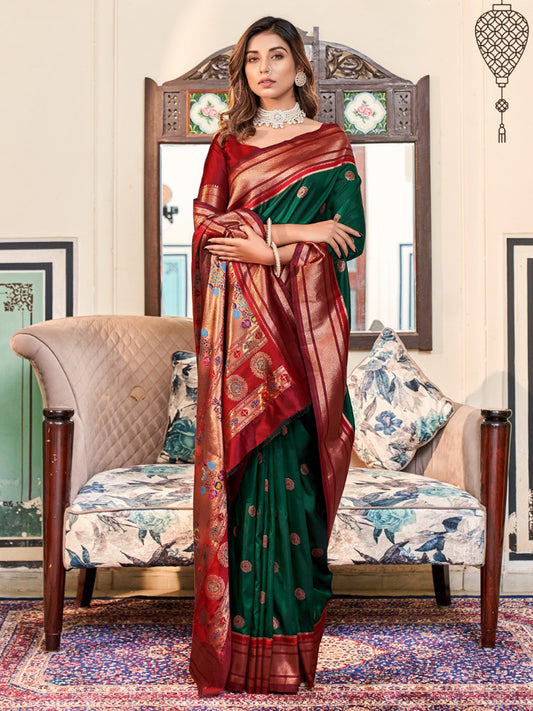 Embroidered Paithani Silk Traditional Partywear Saree In Green Color-81776