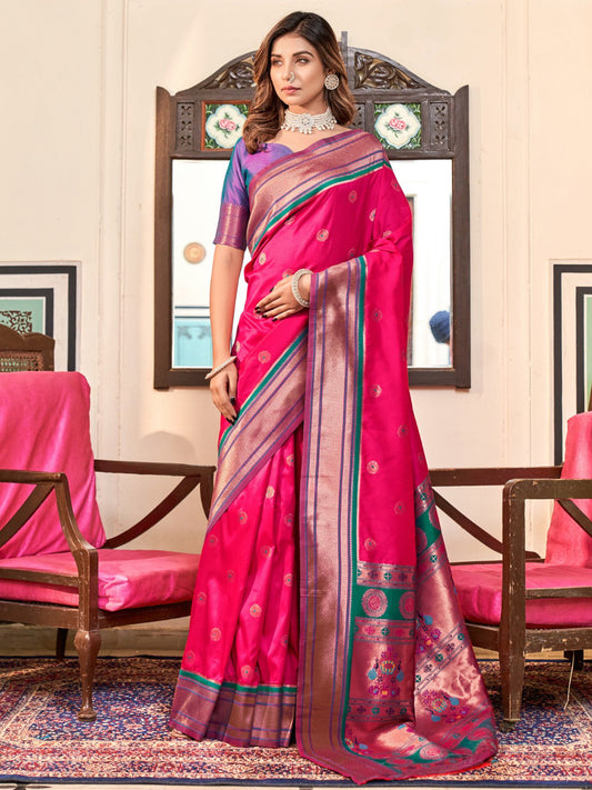 Embroidered Paithani Silk Traditional Partywear Saree In Pink Color-81775