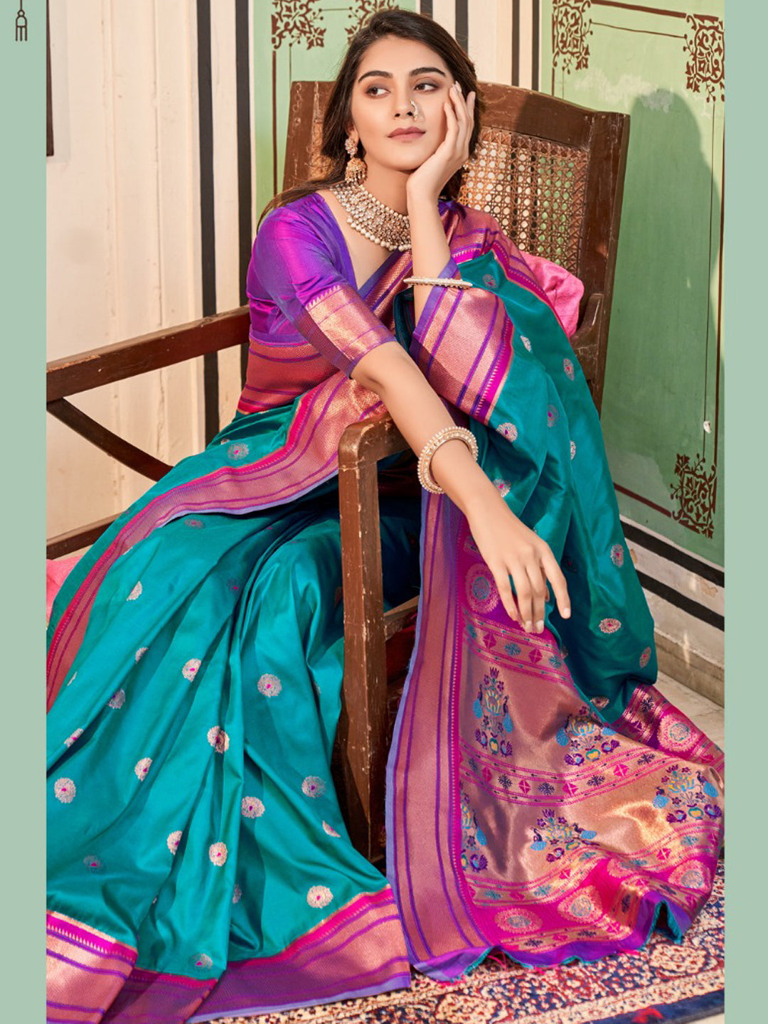 Embroidered Paithani Silk Traditional Partywear Saree In Blue Color-81774