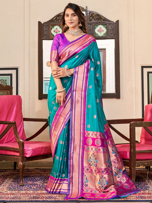 Embroidered Paithani Silk Traditional Partywear Saree In Blue Color-81774