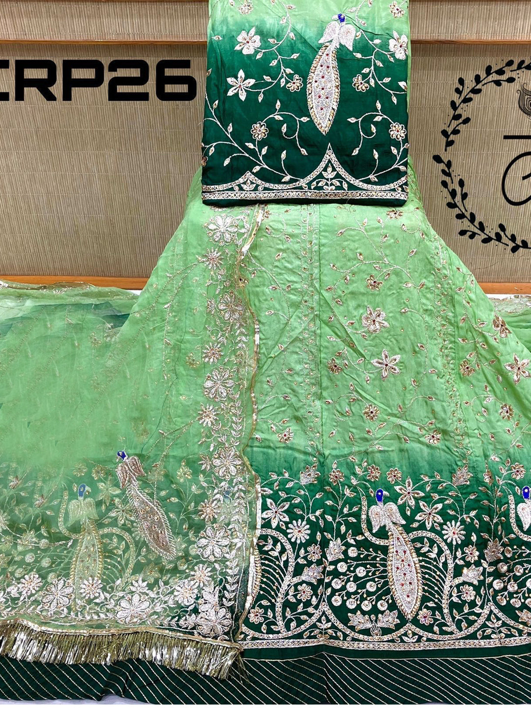 Heavy Stone Upada Silk Two Dying Rajputi Poshak In Green Color-61125