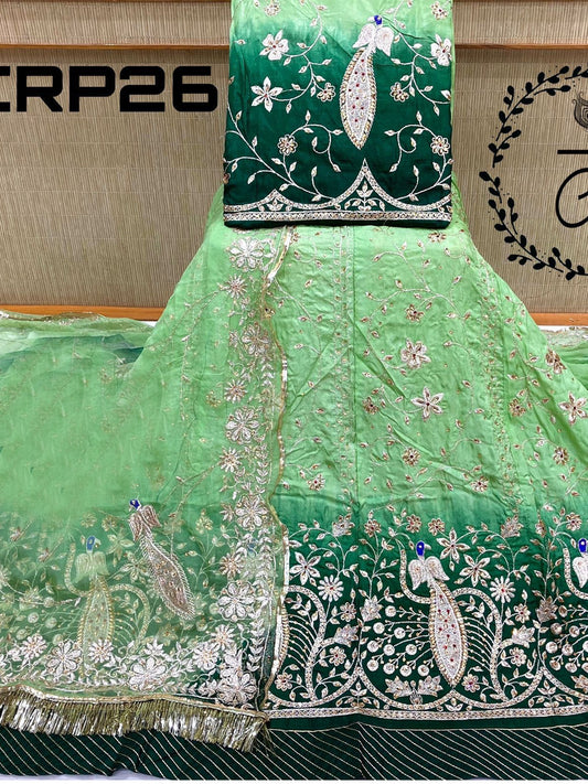 Heavy Stone Upada Silk Two Dying Rajputi Poshak In Green Color-61125