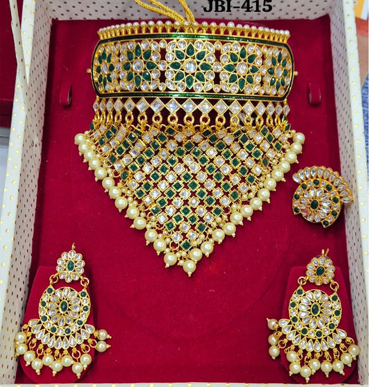 Rajputi Green Kundan Aad Earrings Finger Ring Mini combo Jewellery Set-301179