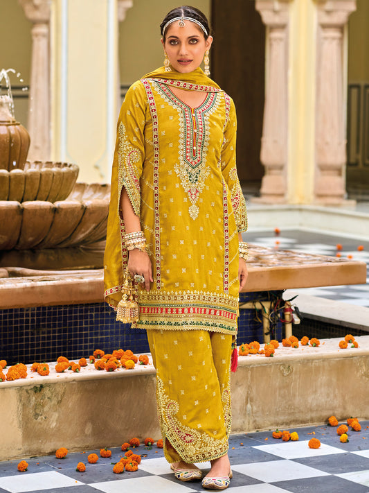 Embroidered Silk Salwar Kameez in Yellow Color-81755
