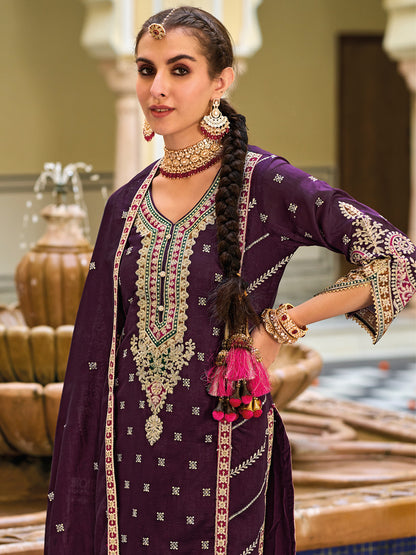 Embroidered Silk Salwar Kameez in Purple Color-81756