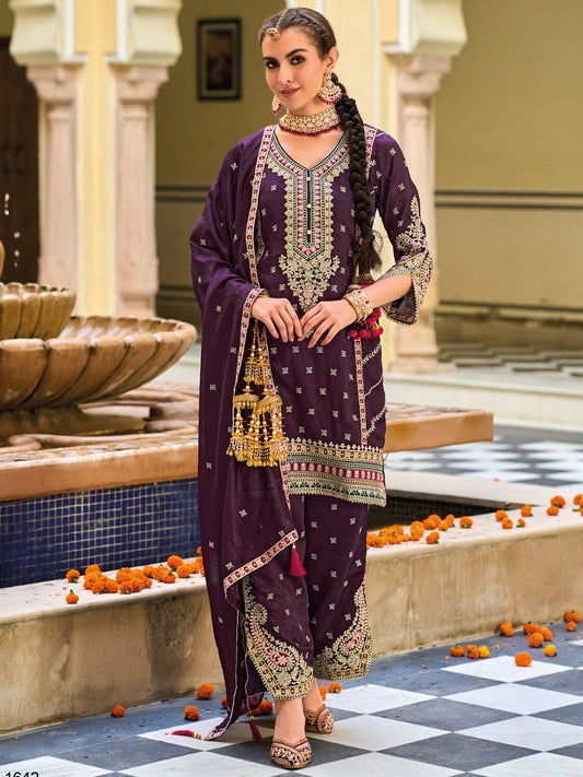 Embroidered Silk Salwar Kameez in Purple Color-81756