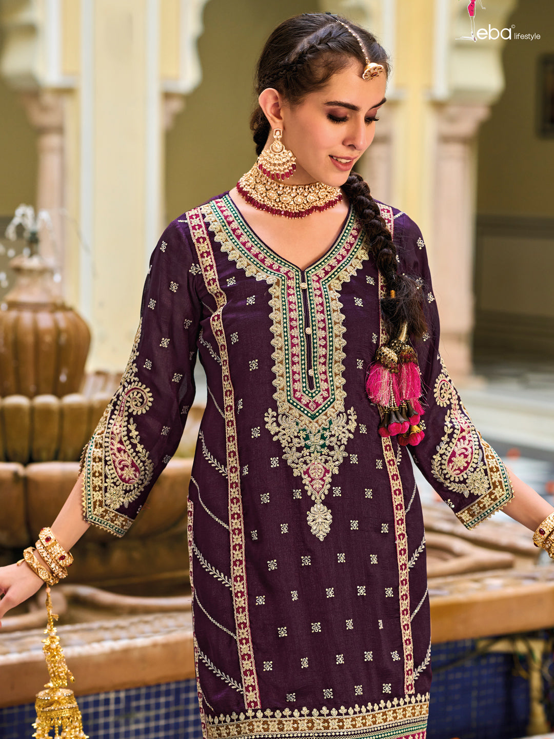 Embroidered Silk Salwar Kameez in Purple Color-81756