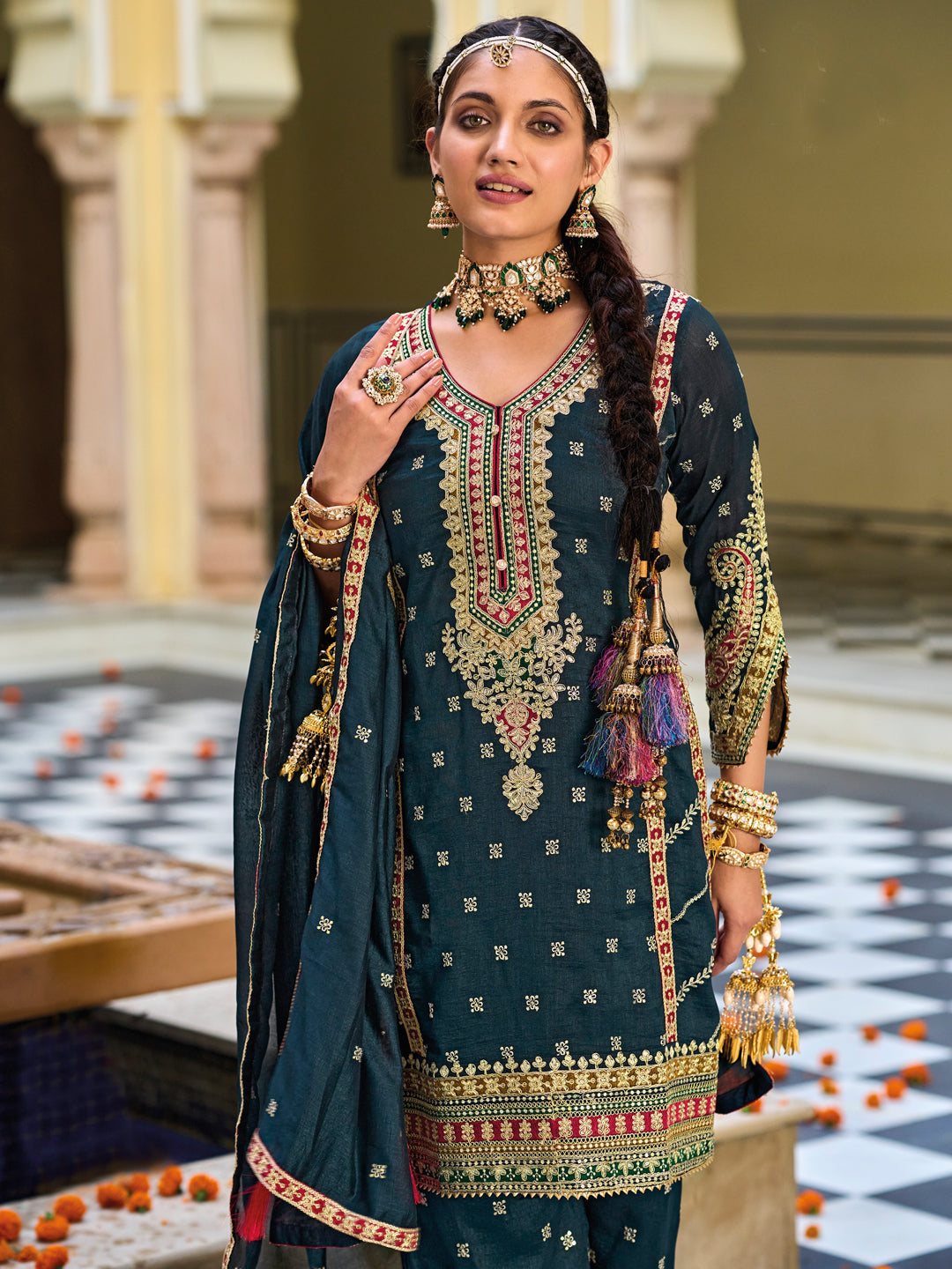 Embroidered Silk Salwar Kameez in Blue Color-81757