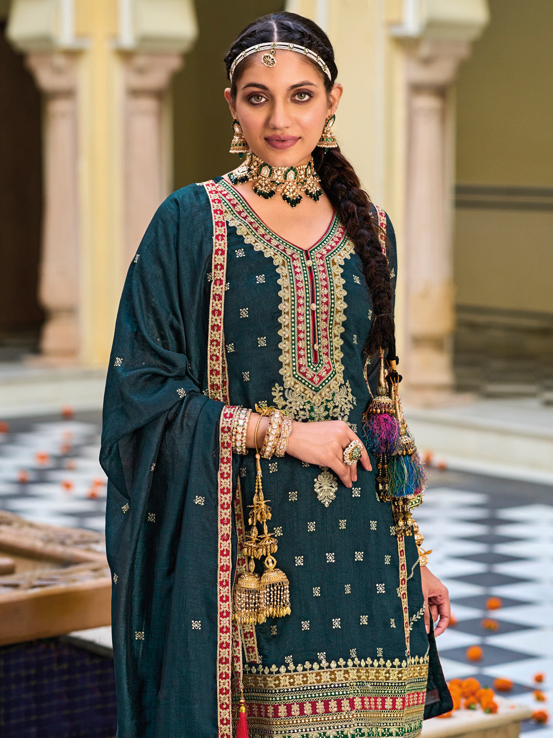 Embroidered Silk Salwar Kameez in Blue Color-81757