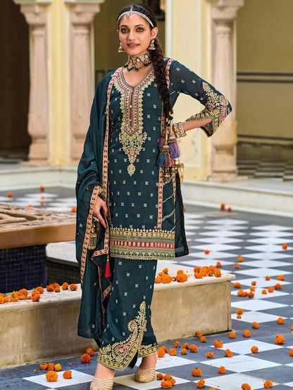 Embroidered Silk Salwar Kameez in Blue Color-81757