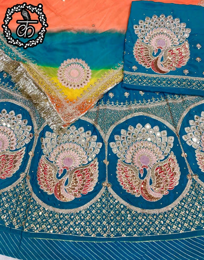 Sequence Silk Crep Wedding Sangeet Rajputi Poshak In Turquoise-61029