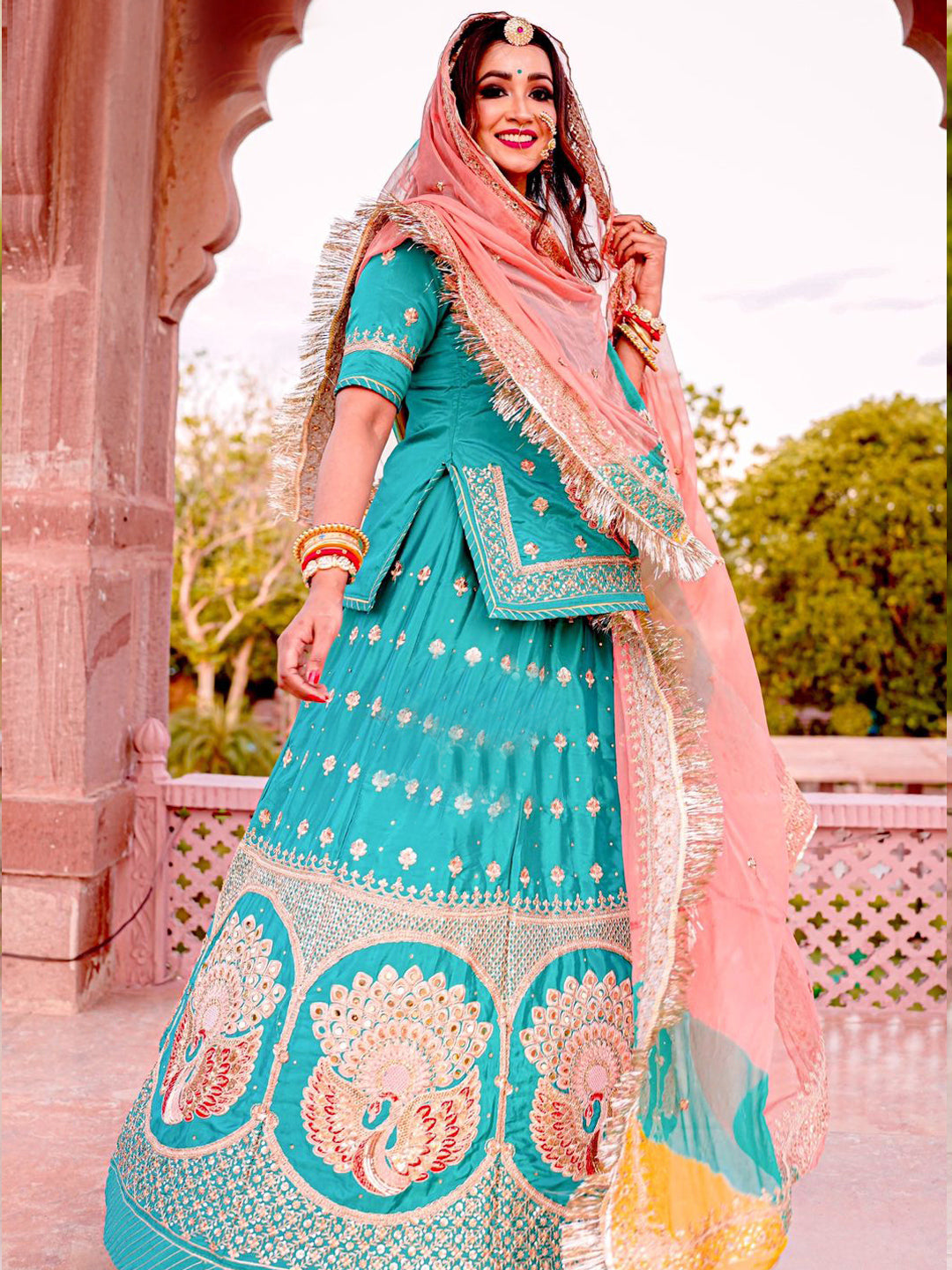 Sequence Silk Crep Wedding Sangeet Rajputi Poshak In Turquoise-61029